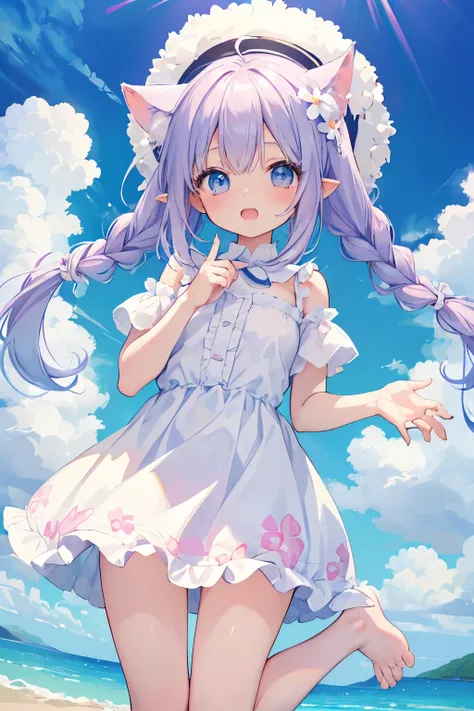 anime、pastel、a very young child、、Very short、Open your mouth、Laugh out loud、Showing teeth、Double teeth、pastelホワイトの髪、Stray hair、Braided Short、Flower Hair Ornaments、fluffy ears、Dropped ears、Fluffy tail、azure blue eyes、Odd Eye、Cute eyes、Wide open eyes、Light in...