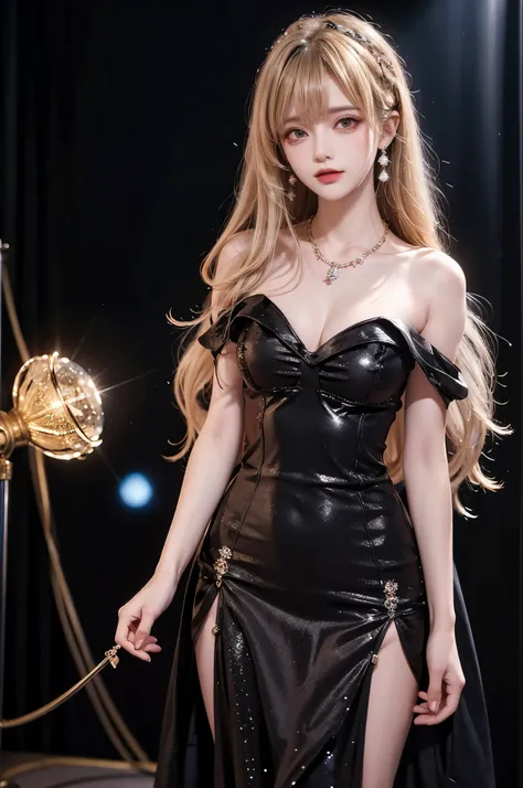 
Highest quality,,woman,1 person,cute,beautiful,
Blonde Hair,Long Hair,Brown eyes,BREAK,blunt bangs,wavy hair,BREAK,
Black cabaret dress,a black sequined dress,BREAK,
Diamond Necklace,
Background Chandelier,Background light bokeh,