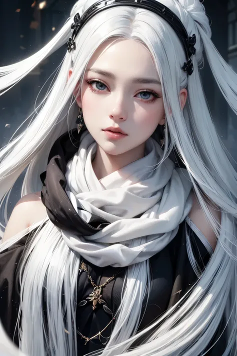 Close up portrait of a woman with white hair and a black scarf, a character portrait by Yang J, pixiv contest winner, fantasy art, white-haired god, beautiful character drawings, artwork in the style of Guweizu, Onna Yuki's sharp eyes, Guweizu, with lo...