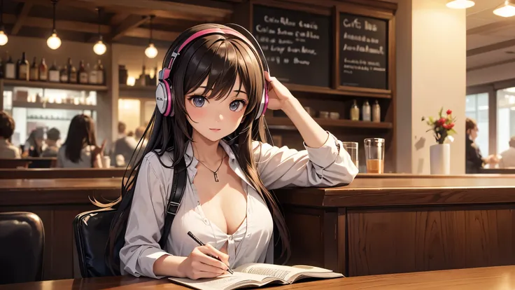 Girl with headphones enjoying music in a cafe　I am studying　Emphasize a little bit of the chest