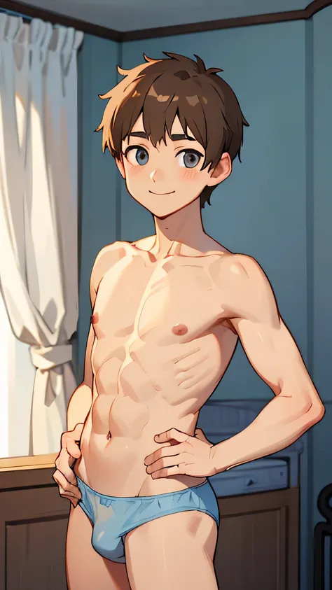 Highest quality、Realistic、zoom、male、cute、Grey Eyes、Light brown hair、short hair、Upper body naked、Light blue briefs、thin、smile、Bedroom、Cowboy Shot。Hands on hips、Swollen hips