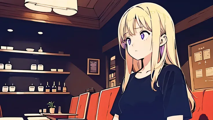 (low contrast), (lo-fi), (cowboy shot, 1 girl, blond hair, black t-shirts), (calm cafe, purple lighting)