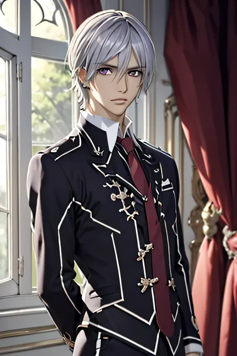 (absurdres, highres, ultra detailed, HDR), masterpiece, best quality, 1boy, solo, male focus, looking at viewer, upper body, depth of field, anime coloring, , zero_kiryuu, grey hair, purple eyes, finely eye and detailed face, window, purple curtains, black...