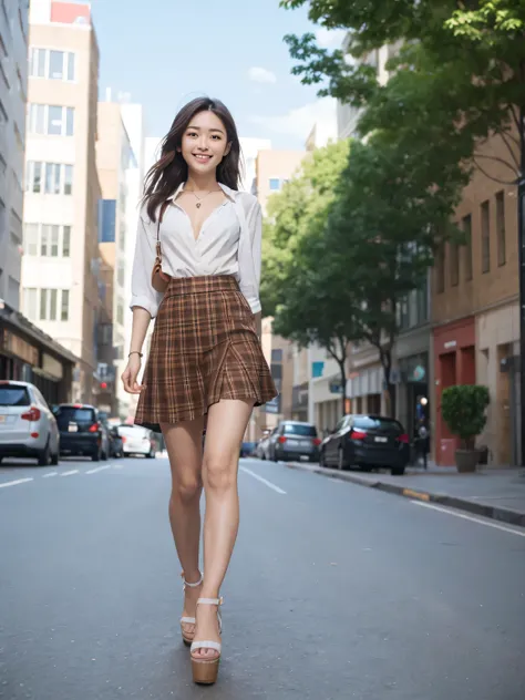 Female college student、No sleeve、Open chest、E Cup、Checked Skirt、すらっと伸びたthin脚、Long legs、Platform Sandals、short hair、Brown moderate hair、clear、thin、slim、thinウエスト、Beauty、looking at the camera、Walking around the city、Cute Smile、Summer sunshine、Emphasize the ch...