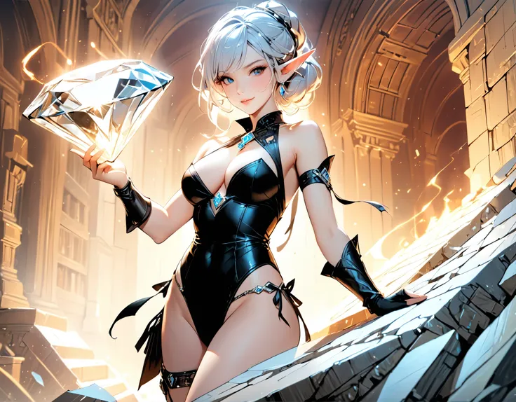 a picture of an elf thief holding an epic diamond in a vault, a female elf thief, full body, small pointy ears, dynamic hair color, dynamic hair style, pale skin, ultra detailed face, wearing black leather leotard, busty, small cleavage, high heel boots, s...