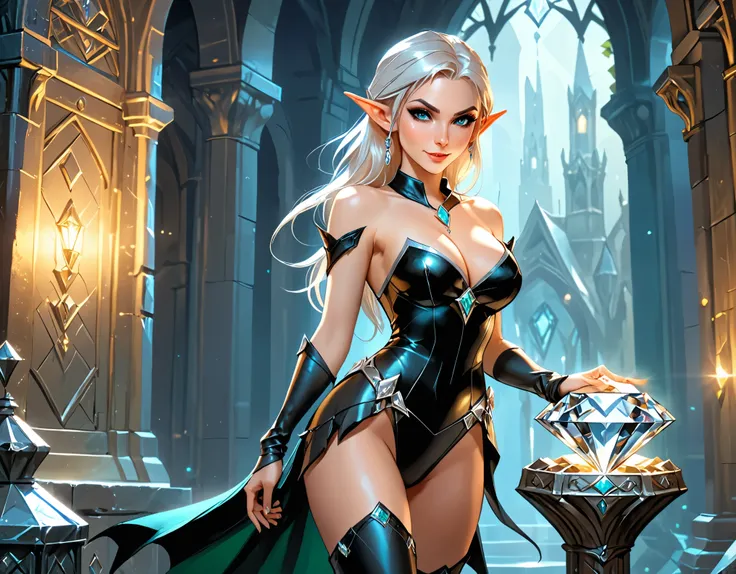 a picture of an elf thief holding an epic diamond in a vault, a female elf thief, full body, small pointy ears, dynamic hair color, dynamic hair style, pale skin, ultra detailed face, wearing black leather leotard, busty, small cleavage, high heel boots, s...