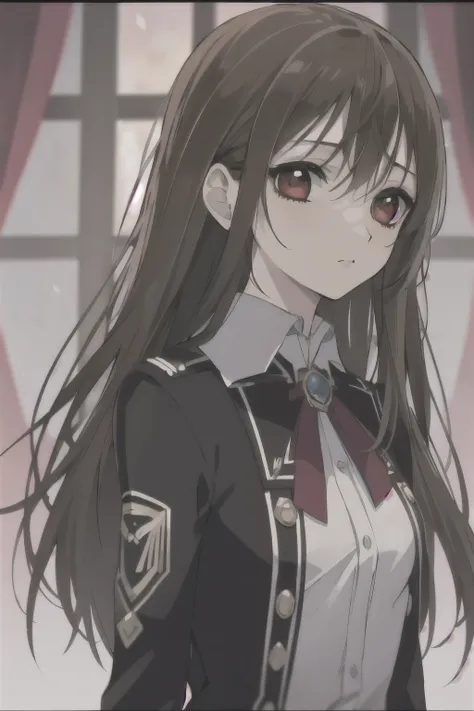 (absurdres, highres, ultra detailed, HDR), masterpiece, best quality, Yuki Cross, 1woman, solo, beautiful, (long brown hair), vibrant red eyes, finely eye and detailed face, window, red curtains, black uniform, vampire knight, arms behind back, solid crims...