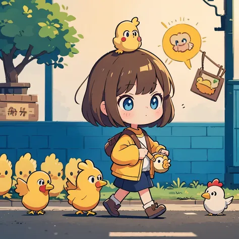 A brown-haired, blue-eyed girl walks with a yellow chicken in a line.