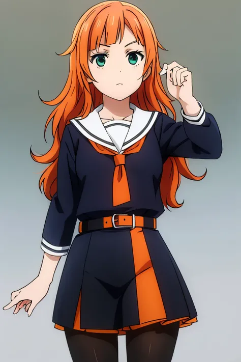 Long curly orange hair, green eyes, school uniforn brown sailor-style dress with black belt, tights,