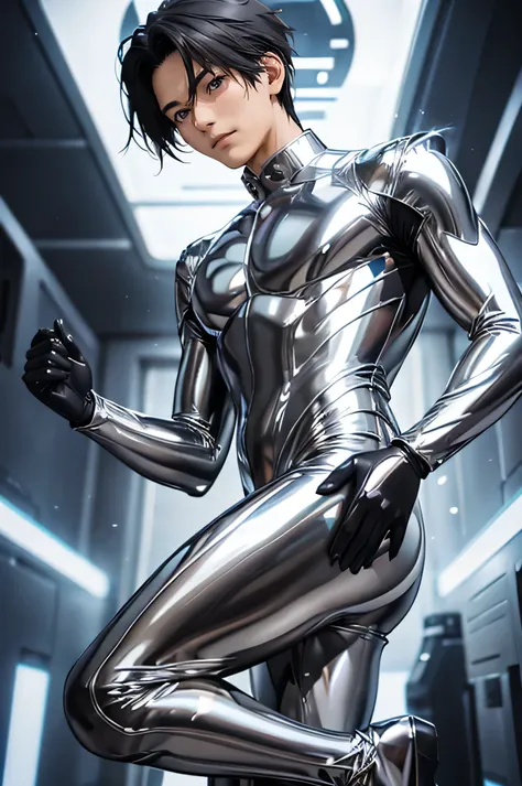 handsome japanese male models　　black hair　　 18-year-old　　　kawaii boy 　shiny full-body silver suit　　　shiny silver latex suit　　　fu...