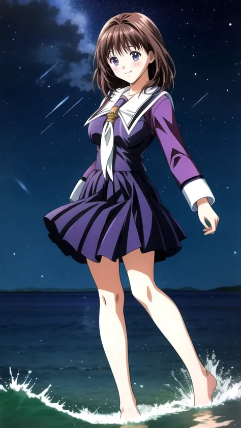 Anime illustration　Yoshizuki_Iori, 1 person, uniform_purple_shirt_green_skirt_white_neckerchief, blush, Cute Smile　Open your mouth, Are standing, (She walked along the starry beach at night, touched the water with bare feet, and came closest to that smile)...