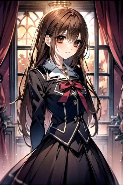 (absurdres, highres, ultra detailed, HDR), masterpiece, best quality, Yuki Cross, 1woman, solo, beautiful, (long brown hair), vibrant red eyes, finely eye and detailed face, window, red curtains, black uniform, vampire knight, (arms behind back), solid cri...