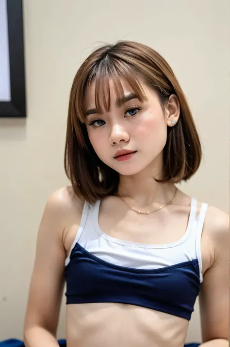 ((lie down)), (wearing swimsuit), (((shorthaircut style hair ))), masutepiece, high quality, uhd 32k, realistic face, realistic ...