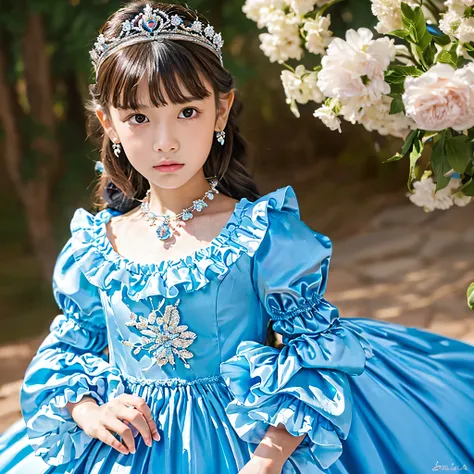 ,Highest quality, masterpiece, Highest Resolution, artwork, 3K realistic photo,,((10-year-old European girl)),Super detailed baby face,Both are princesses,detailed luxury tiara,Full-length ball gown dress with hoop skirt,Frilled yoke collar,Fine braided ri...