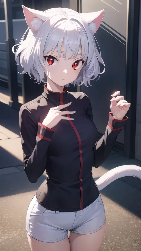 neferpitou, neferpitou, short hair, (red eyes:1.5), long sleeves, animal ears, white hair, shorts, cat ears, cat tail, curly hair, BREAK looking at viewer, BREAK outside, BREAK (masterpiece:1.2), best quality, high resolution, unity 8k wallpaper, (illustra...