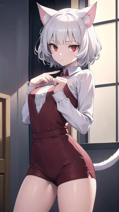 neferpitou, neferpitou, short hair, (red eyes:1.5), long sleeves, animal ears, white hair, shorts, cat ears, cat tail, curly hair, BREAK looking at viewer, BREAK outside, BREAK (masterpiece:1.2), best quality, high resolution, unity 8k wallpaper, (illustra...