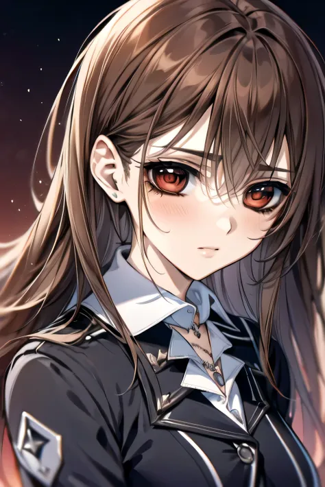 (absurdres, highres, ultra detailed, HDR), masterpiece, best quality, Yuki Cross, 1woman, solo, beautiful, (long brown hair), vibrant red eyes, finely eye and detailed face, solid black background, black uniform, vampire knight, (arms behind back), solid c...