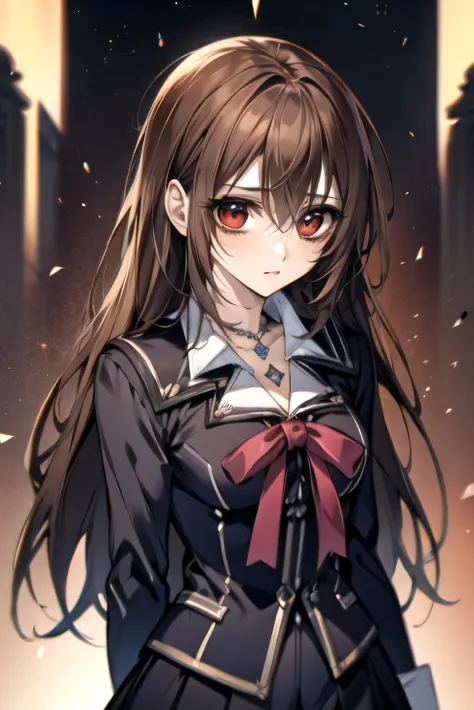 (absurdres, highres, ultra detailed, HDR), masterpiece, best quality, Yuki Cross, 1woman, solo, beautiful, (long brown hair), vibrant red eyes, finely eye and detailed face, solid black background, black uniform, vampire knight, (arms behind back), solid c...