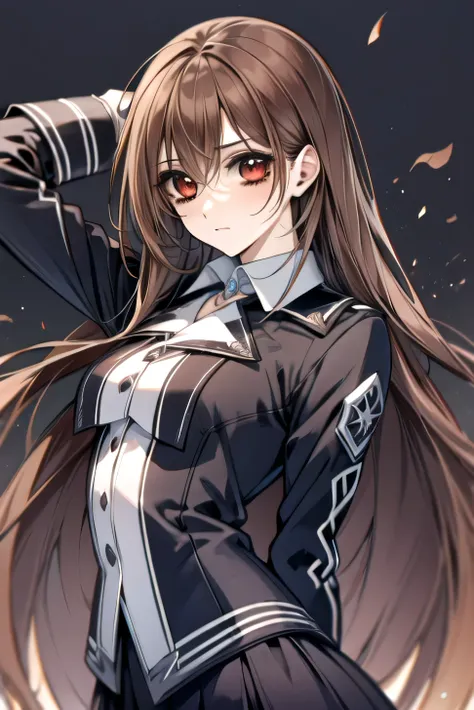 (absurdres, highres, ultra detailed, HDR), masterpiece, best quality, Yuki Cross, 1woman, solo, beautiful, (long brown hair), vibrant red eyes, finely eye and detailed face, solid black background, black uniform, vampire knight, (arms behind back), solid c...