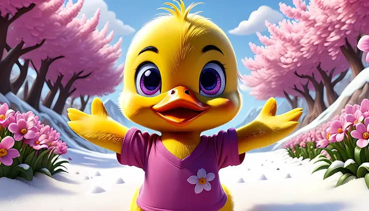 cute tiny duck, cartoon , arms, hands ,cute eyes, looking at viewer, arms up, close, pink flowers, purple shirt, snow
