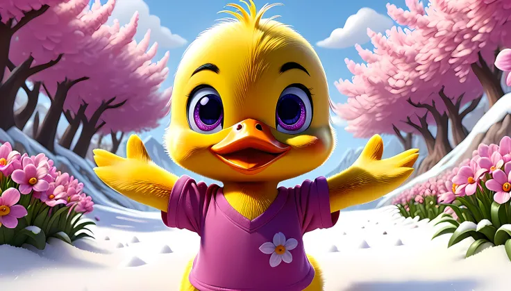 cute tiny duck, cartoon , arms, hands ,cute eyes, looking at viewer, arms up, close, pink flowers, purple shirt, snow