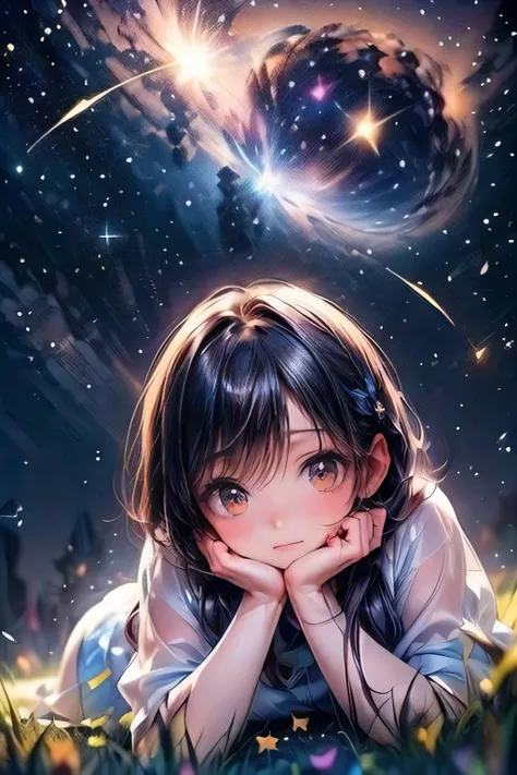 cute girl on the grass with butterfly in front of her in a star filled sky, 1girl, solo, night, sky, on stomach, star (sky), black hair, blush, looking at viewer, lying, night sky, starry sky, outdoors, long hair, shooting star, flower, smile, head rest, b...