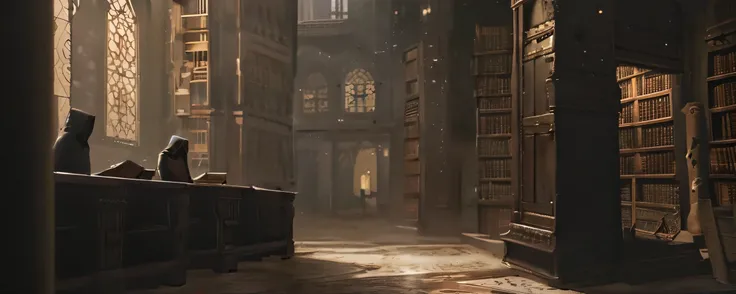 medieval library, cyberpunk scenario, diffused lights, post apocalyptic, Sober colors, pulling in sepia tone, eyeshadows, a man wearing a black habit with the hood over his head