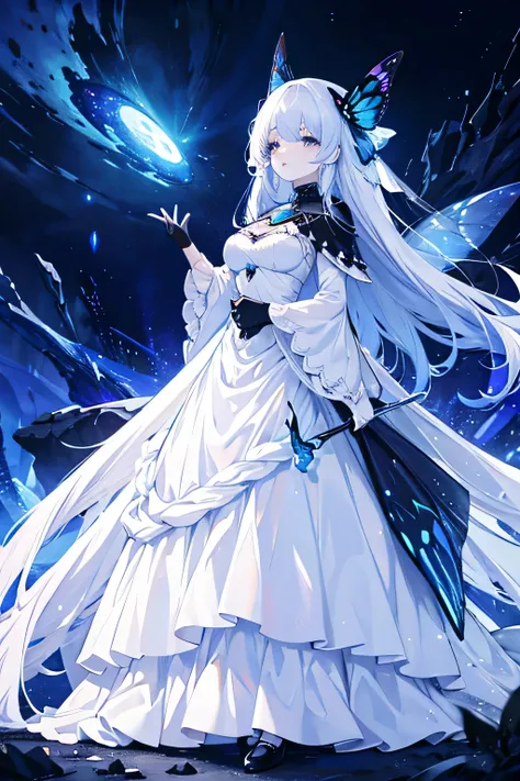 1woman, white thick gown, full body, cold face, black eyes, night sky, crescent, blue moon, dark night, fairy, blue buterfly, galaxy, sparkling star, standing in cliff, detailed eyes, detailed hand and body, masterpiece, best quality