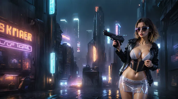 (aerial view), Blade Runner style futuristic city, flying cars, neon lights, rainy night. (1girl, solo, alone), large-breast:1.2 slim body, cleavage:1.1, sexy laced lingerie, very low angle view miniskirt, jacket, (black sunglasses), (holding a short gun),...