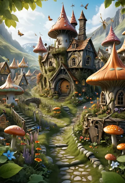 (Realistic:1.2), (whimsical:1.2), (((extremely detailed))), ((no close-up)), ((masterpiece)), (((middle shot, center, colorfull))), pixie, mythological, looks epic, fairytale atmosphere, intricate and detailed unreal fairy village on background, in motion,...
