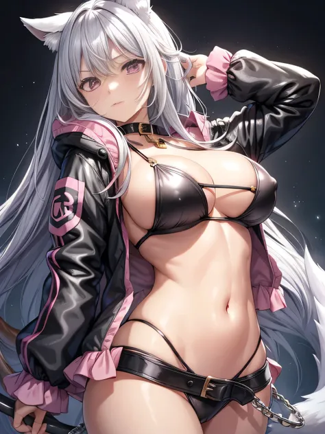 Pink Hair、woman、Pink Eyes、Cute Face、Masseter muscle area、Ruffled black jacket、There are a lot of belts、Silver Chain、Cool clothes、sticking out the navel、Look at this、length、Side Tail、Big Boobs、show off nipple