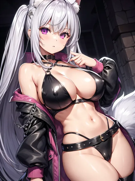 Pink Hair、woman、Pink Eyes、Cute Face、Masseter muscle area、Ruffled black jacket、There are a lot of belts、Silver Chain、Cool clothes、sticking out the navel、Look at this、length、Side Tail、Big Boobs、showoff nipple, without bra