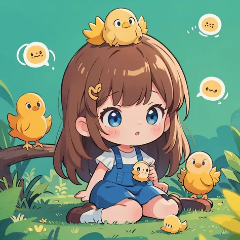 A brown-haired girl with blue eyes and a yellow chick making different facial expressions.