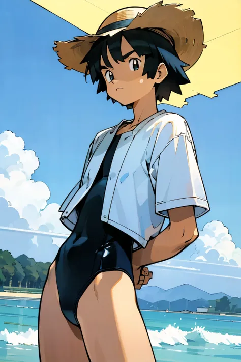 by Ken Sugimori, sugimori 1990s, ((only 1man)), sun hat, swim trunks, ((hands behind their back)), full black pupils, manga, best quality, highly detailed, clean lines, cowboy shot, good hands, good eyes, hd, 8k, professional, symmetrical, hires, 8k,