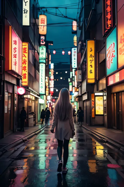 A young girl with long, silver hair, glowing softly under the neon lights, wanders through a labyrinthine Tokyo at night. The streets are narrow, lined with tall, dark buildings that loom over her. The lights of the city are reflected in her eyes, creating...