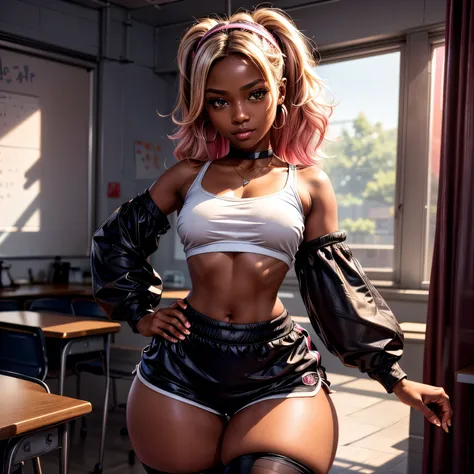 Highest Quality, ​masterpiece, beautifully detailed eyes, (dark skin), short Blonde Hair, Gradient Hair, pink highlights in hair, large breasts, wariza, makeup, glossy lips, full lips, classroom, cheerleader, light smile, midriff, collarbone, thigh highs, ...