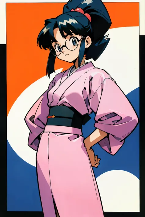 by Ken Sugimori, sugimori 1990s, ((only 1woman)), kimono, glasses, pills in the background, ((hands behind their back)), full black pupils, manga, best quality, highly detailed, clean lines, cowboy shot, good hands, good eyes, hd, 8k, professional, symmetr...