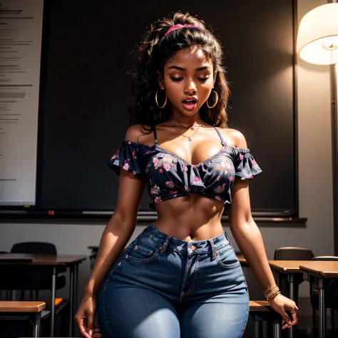 Masterpiece, high quality, 1, high resolution, volumetric lighting, subsurface scattering, 8k, Beautiful woman, (dark skin), phillipino, college student, uniform, (floral top, jeans), cleavage, wavy hair, headband, hoope earings, classroom, sexy pose, sedu...