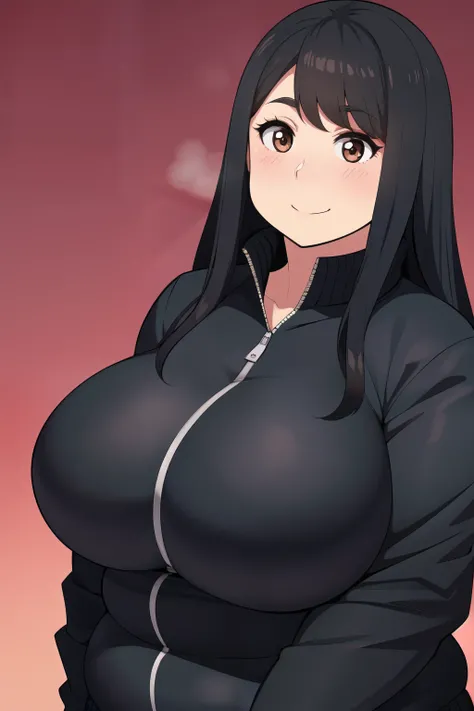 Plump year 21 big breasts black hair brown eyes happy longer hair smile blushing black jacket 