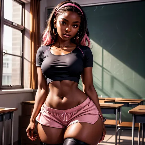 Highest Quality, ​masterpiece, beautifully detailed eyes, (dark skin), short Blonde Hair, Gradient Hair, pink highlights in hair, large breasts, wariza, makeup, glossy lips, full lips, classroom, cheerleader, light smile, midriff, collarbone, thigh highs, ...