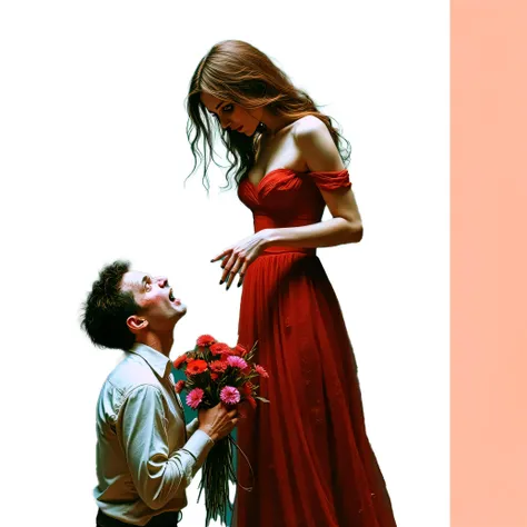 painting of a man kneeling before a woman holding a bouquet of flowers, por John La Gatta, by Alexander Kucharsky, Renato Mucillo, by Eugeniusz Zak, Vadim Kashin. ultra realistic, romantic painting, rob rey and kentarõ miura, by Ludwik Konarzewski