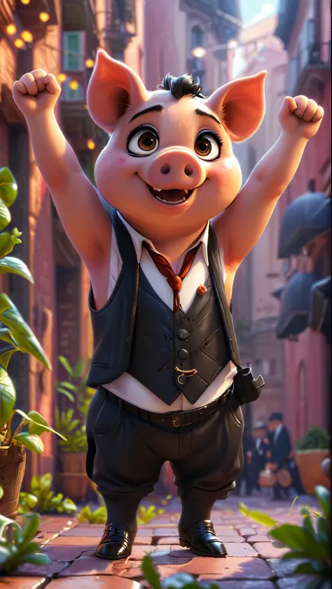 cute pig, cartoon , arms, hands, background, mafia clothes, clean, black suit