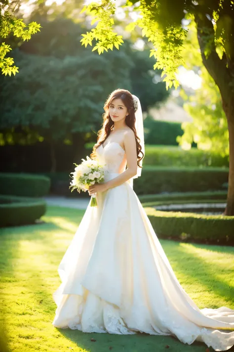 A beautiful bride in a white wedding dress, long hair, elegant pose, warm sunlight, lush green garden, blooming flowers, dappled light, dreamy atmosphere, photorealistic, highly detailed, intricate design, soft focus, cinematic lighting, hyper realistic