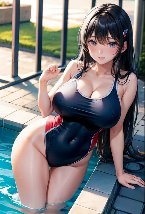 Black Hair　Navy blue new school swimsuit　Big Breasts　Midsummer Pool