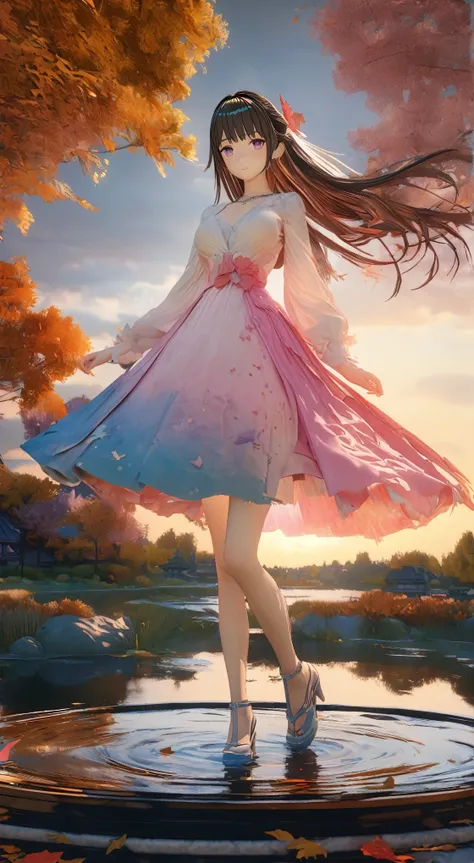 DIY16，best quality, Ultra HD, masterpieces, 8K, Practical, Anime style, 3D Rendering，(Pond in the evening:1.2), (8K, best quality, masterpiece:1.2), (Ultra-high resolution:1.0), Extremely bright design, Soft colors, (ink:1.3), Autumn Lights, High Detail, d...