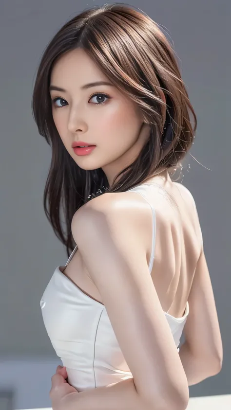 ((circuit、Standing in front of a car))、 ((One-shoulder black leather pantsuit))、((Black T-back pants))、(Back view)、(look back),High-quality work、Live-action work、Ultra Premium Graphics、8K HD CGワークス、High Quality Graphics、High-definition CGワークス、10 times pixe...