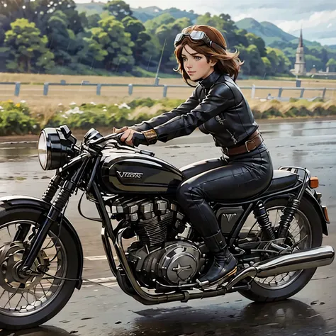 vintage bikes、victory、isle of man races、(a young female rider speeds along on a motorcycle)、leather jumper、cromwell helmet with ...