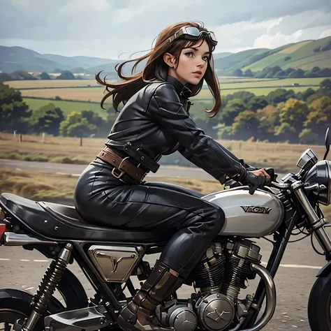 vintage bikes、victory、isle of man races、(a young female rider speeds along on a motorcycle)、leather jumper、cromwell helmet with ...