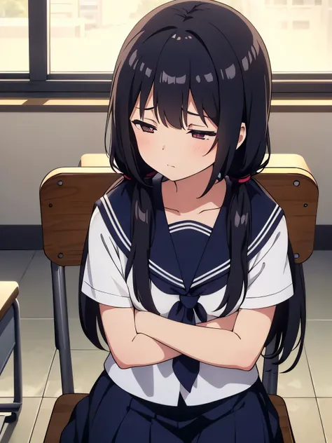 1girl, sitting, (looking away, looking down), 15yo,
classroom, indoors, school chair, school desk,
(low twintails), low pigtails...