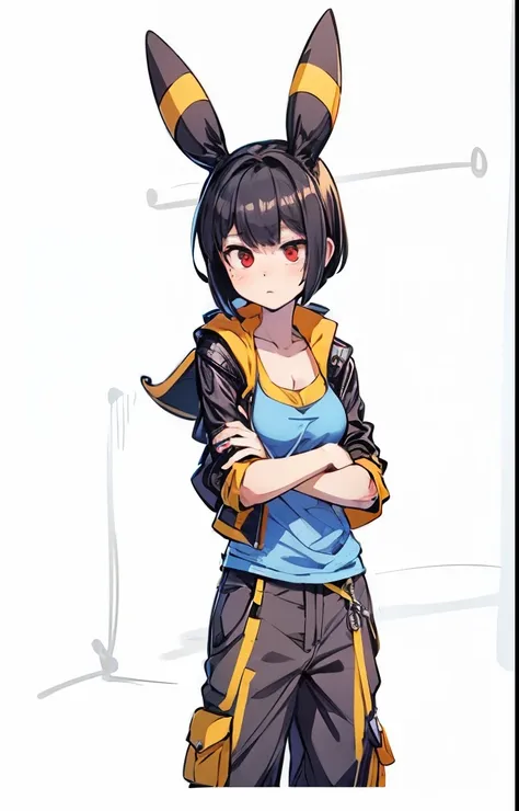 Black hair, Umbreon ears, red eyes, black cargo pants, ligh Blue tank top, médium breast, open leather jacket, pixie cut